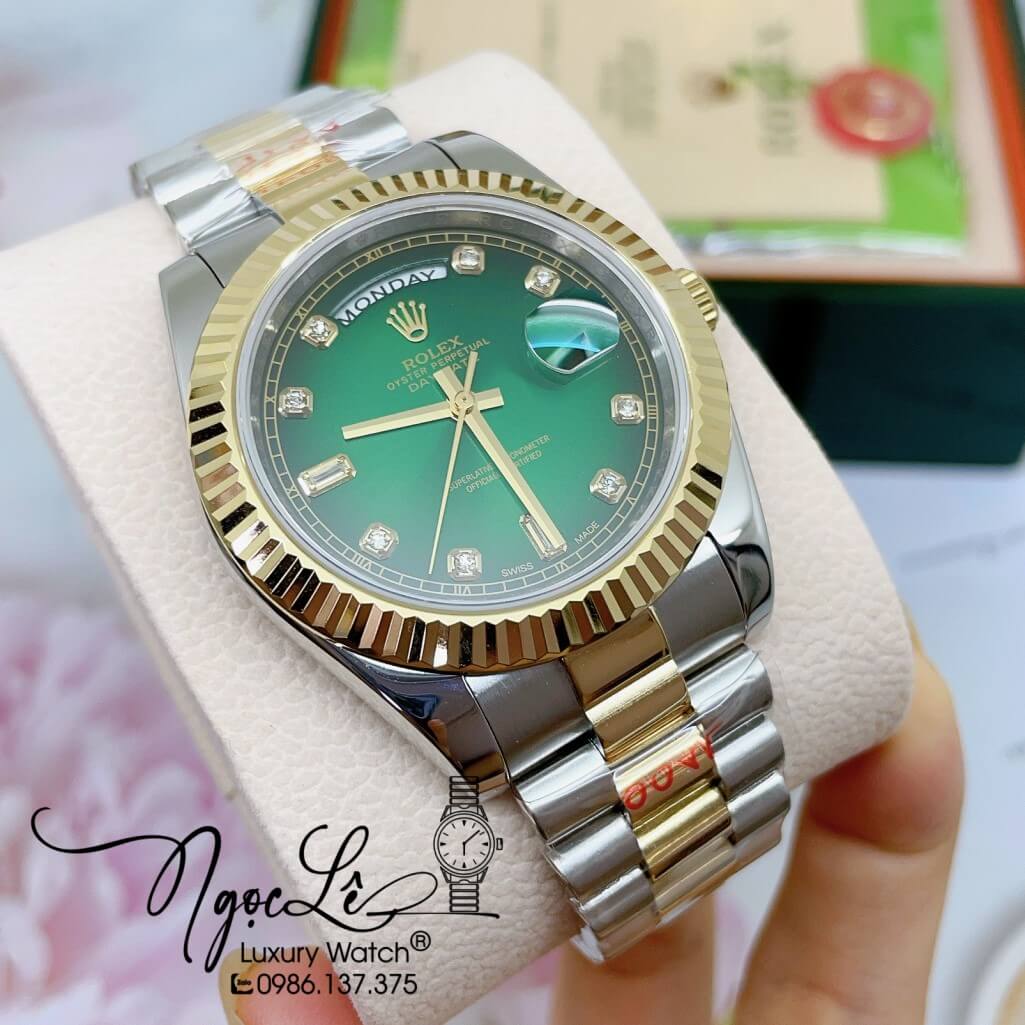 Đồng Hồ Rolex Day-Date Automatic Dây Kim Loại Demi Mặt Ombre Xanh 41mm