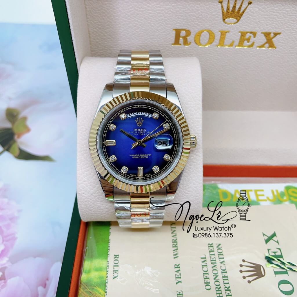 Đồng Hồ Rolex Day-Date Automatic Dây Kim Loại Demi Mặt Ombre Xanh Dương 41mm