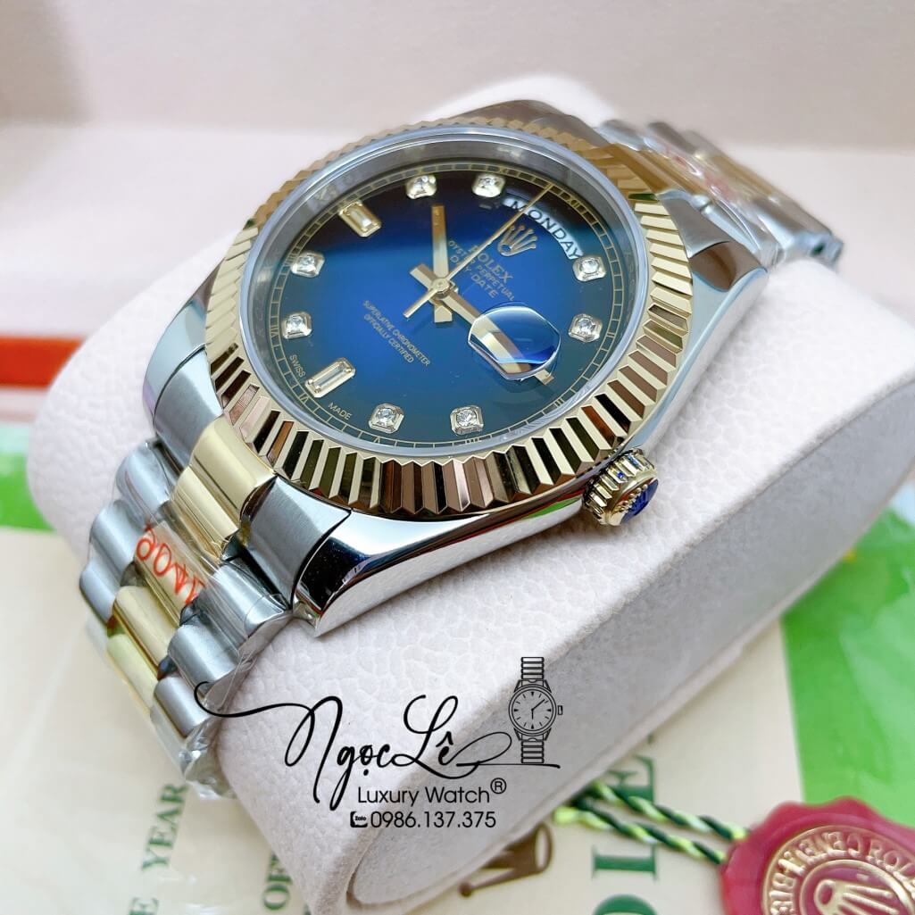 Đồng Hồ Rolex Day-Date Automatic Dây Kim Loại Demi Mặt Ombre Xanh Dương 41mm