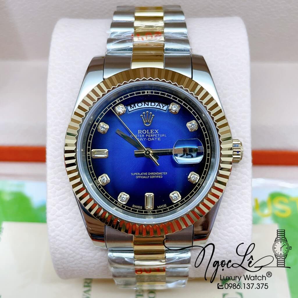 Đồng Hồ Rolex Day-Date Automatic Dây Kim Loại Demi Mặt Ombre Xanh Dương 41mm