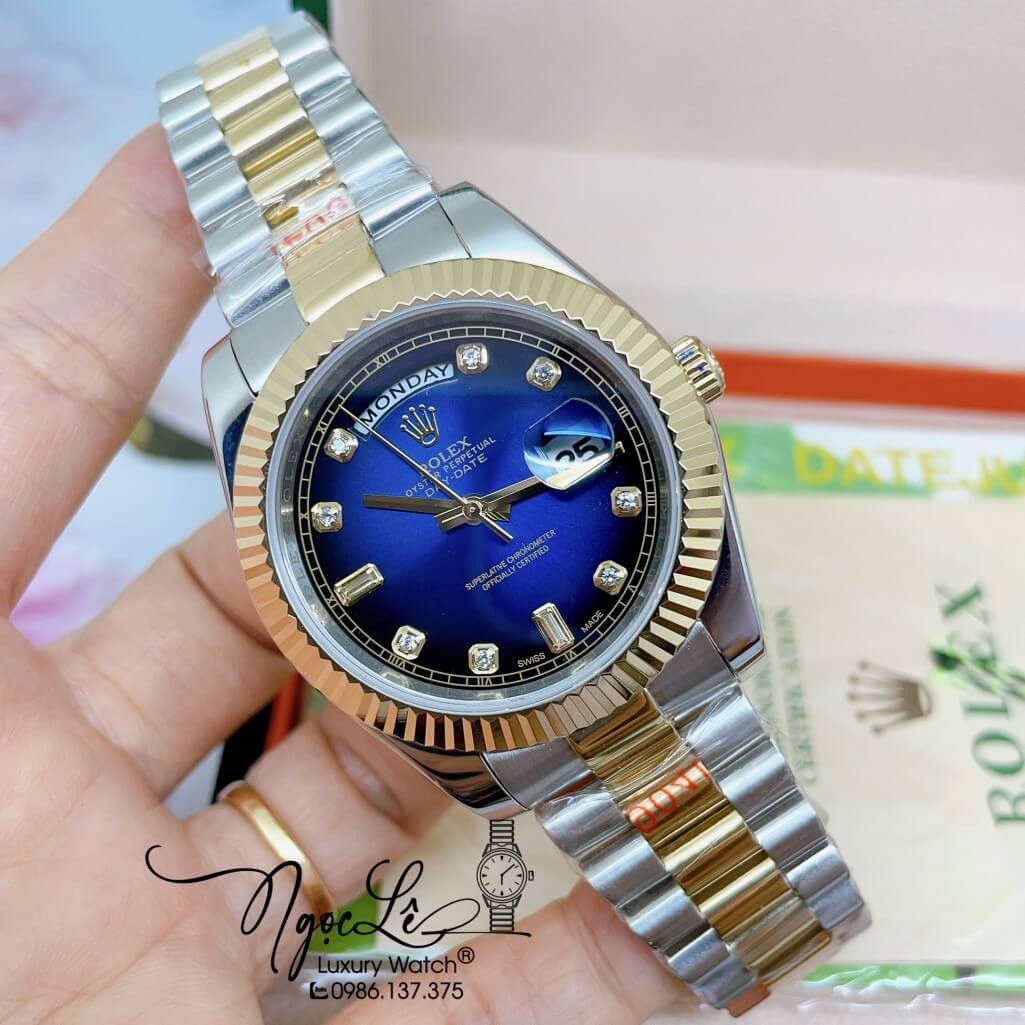 Đồng Hồ Rolex Day-Date Automatic Dây Kim Loại Demi Mặt Ombre Xanh Dương 41mm