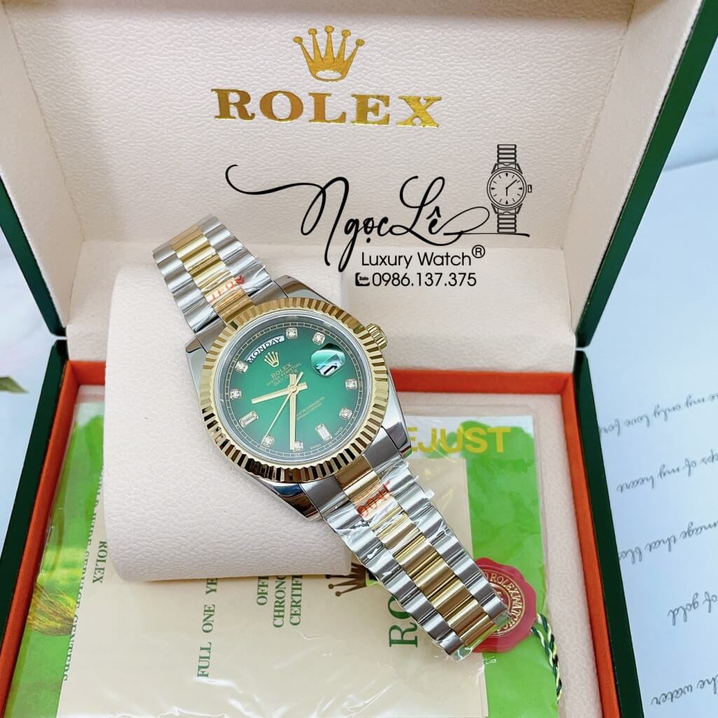 Đồng Hồ Rolex Day-Date Automatic Dây Kim Loại Demi Mặt Ombre Xanh 41mm