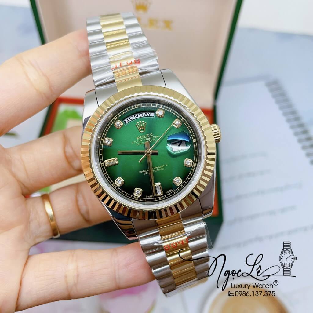 Đồng Hồ Rolex Day-Date Automatic Dây Kim Loại Demi Mặt Ombre Xanh 41mm