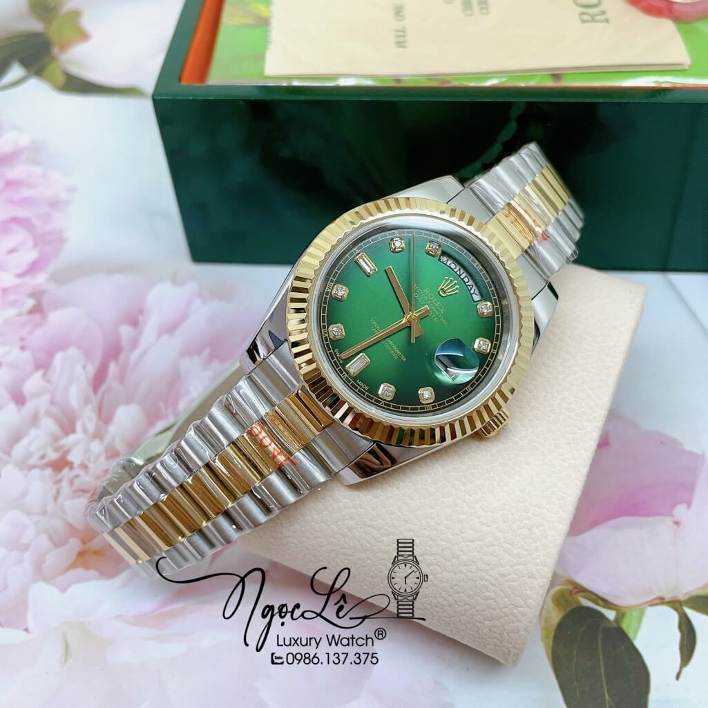 Đồng Hồ Rolex Day-Date Automatic Dây Kim Loại Demi Mặt Ombre Xanh 41mm