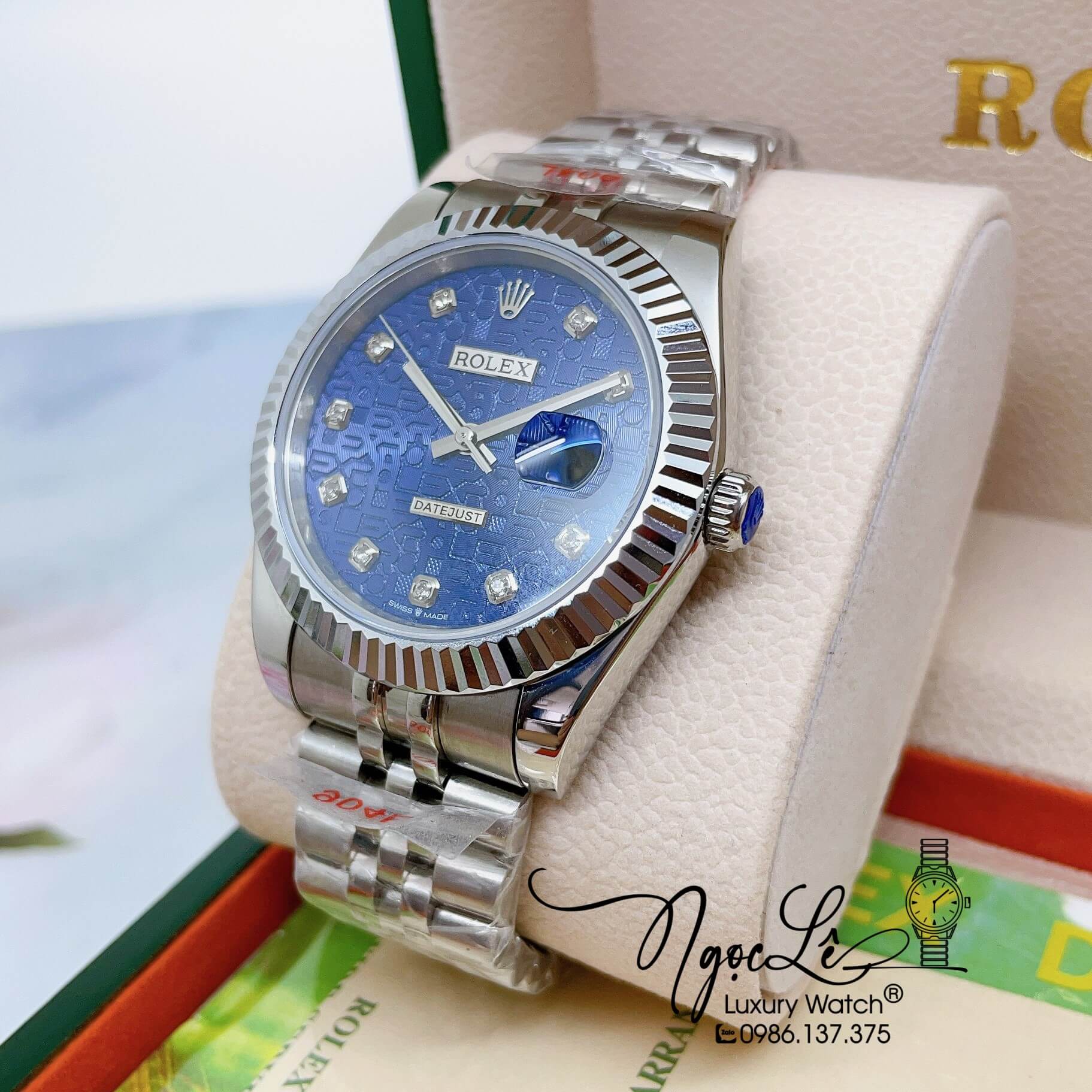 Đồng Hồ Rolex Datejust Cơ Tự Động Nam Dây Thép Silver Mặt Xanh Dương Vân 3D 41mm