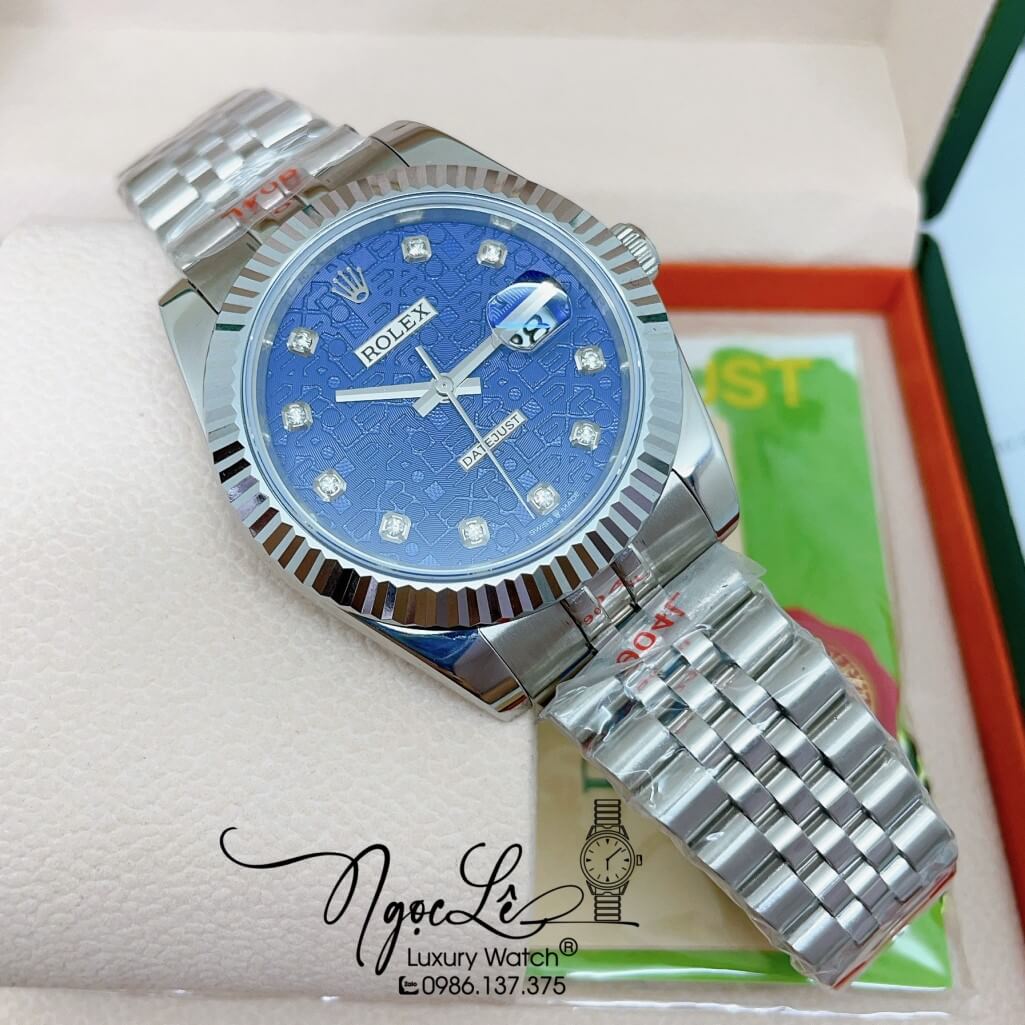 Đồng Hồ Rolex Datejust Cơ Tự Động Nam Dây Thép Silver Mặt Xanh Dương Vân 3D 41mm