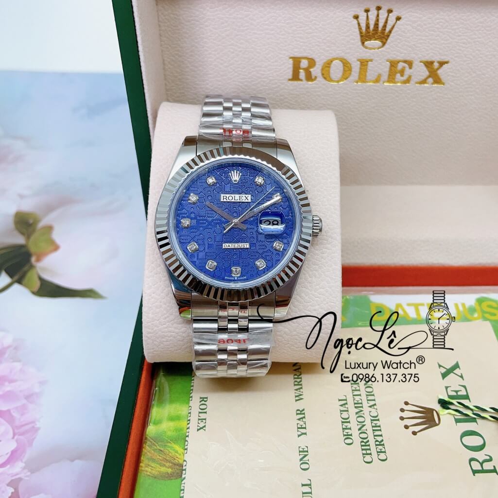 Đồng Hồ Rolex Datejust Cơ Tự Động Nam Dây Thép Silver Mặt Xanh Dương Vân 3D 41mm