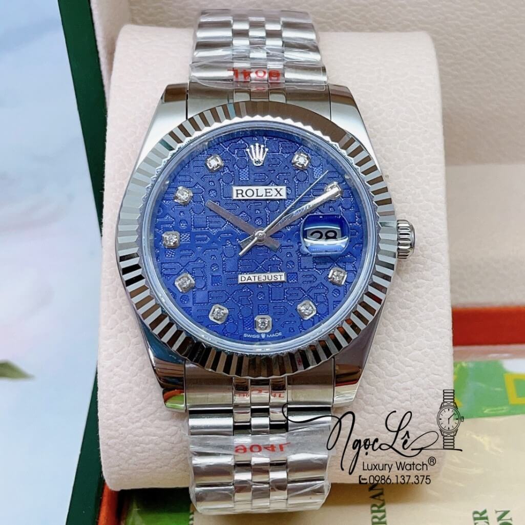 Đồng Hồ Rolex Datejust Cơ Tự Động Nam Dây Thép Silver Mặt Xanh Dương Vân 3D 41mm