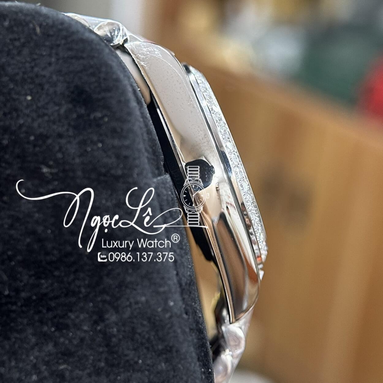 Đồng Hồ Rolex Day-Date Tự Động Dây Kim Loại Bạc Mặt Xanh Viền Đá Size 41mm