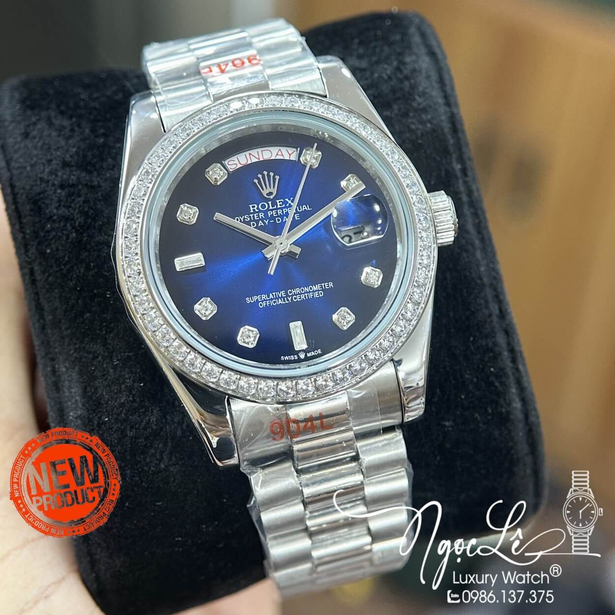 Đồng Hồ Rolex Day-Date Tự Động Dây Kim Loại Bạc Mặt Xanh Viền Đá Size 41mm