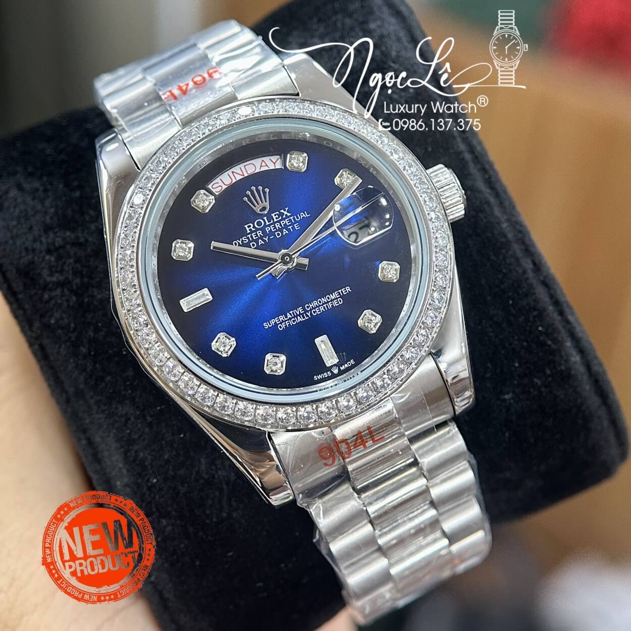 Đồng Hồ Rolex Day-Date Tự Động Dây Kim Loại Bạc Mặt Xanh Viền Đá Size 41mm