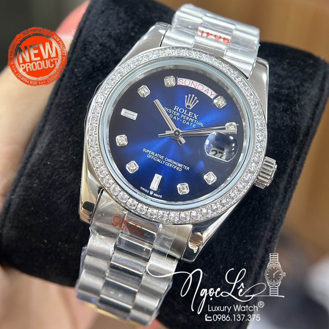 Đồng Hồ Rolex Day-Date Tự Động Dây Kim Loại Bạc Mặt Xanh Viền Đá Size 41mm