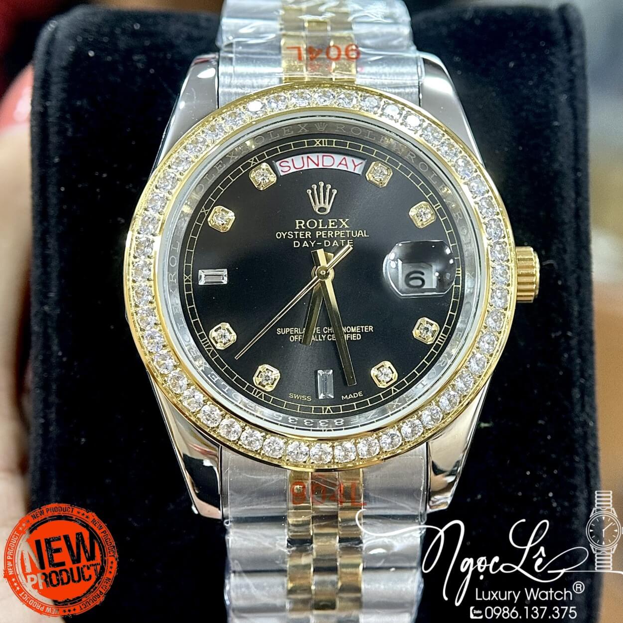 Đồng Hồ Rolex Day-Date Tự Động Dây Kim Loại Demi Vàng Mặt Đen Viền Đá Size 41mm