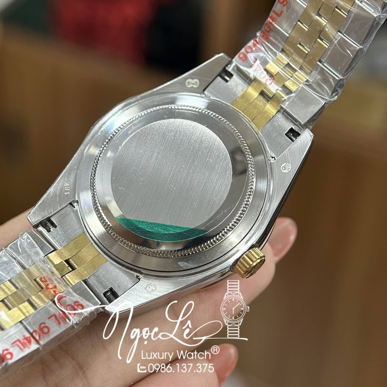 Đồng Hồ Rolex Day-Date Tự Động Dây Kim Loại Demi Vàng Mặt Đen Viền Đá Size 41mm