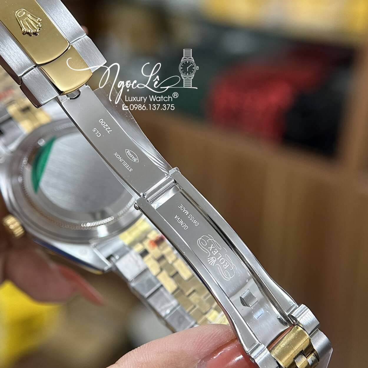 Đồng Hồ Rolex Day-Date Tự Động Dây Kim Loại Demi Vàng Mặt Đen Viền Đá Size 41mm