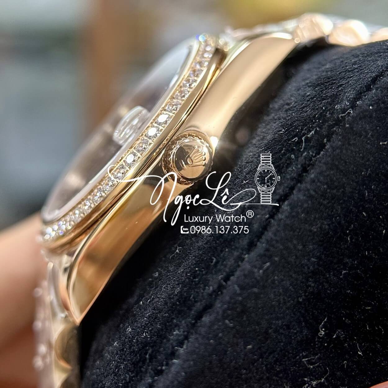 Đồng Hồ Rolex Day-Date Tự Động Dây Kim Loại Rose Gold Mặt Nâu Viền Đá Size 41mm