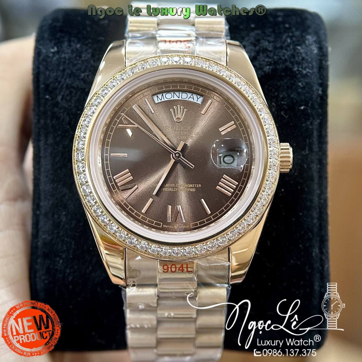 Đồng Hồ Rolex Day-Date Tự Động Dây Kim Loại Rose Gold Mặt Nâu Viền Đá Size 41mm