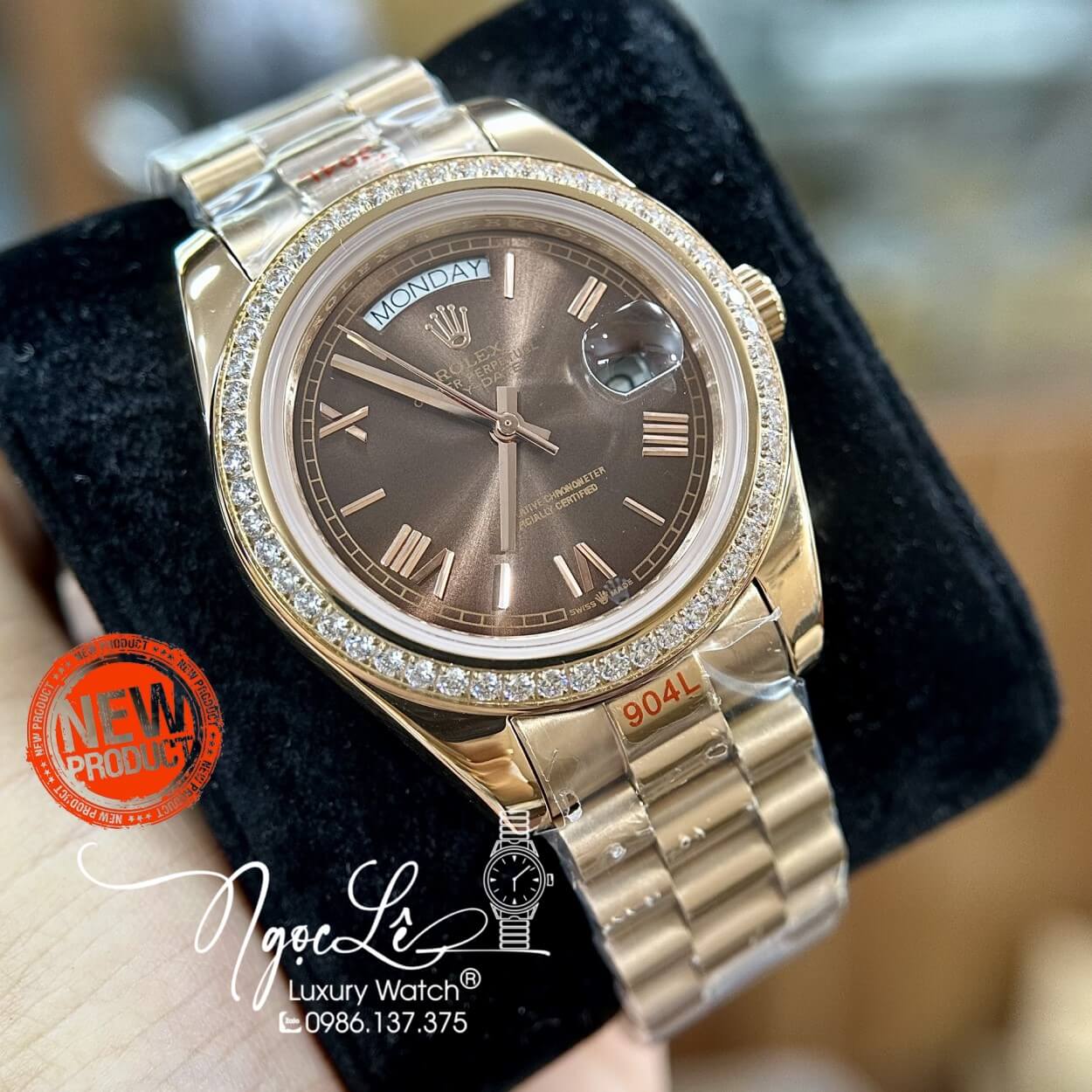 Đồng Hồ Rolex Day-Date Tự Động Dây Kim Loại Rose Gold Mặt Nâu Viền Đá Size 41mm
