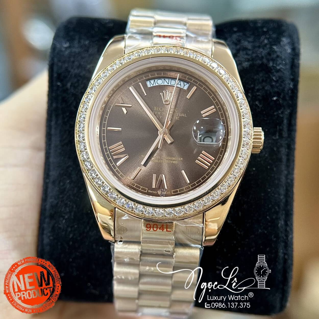 Đồng Hồ Rolex Day-Date Tự Động Dây Kim Loại Rose Gold Mặt Nâu Viền Đá Size 41mm