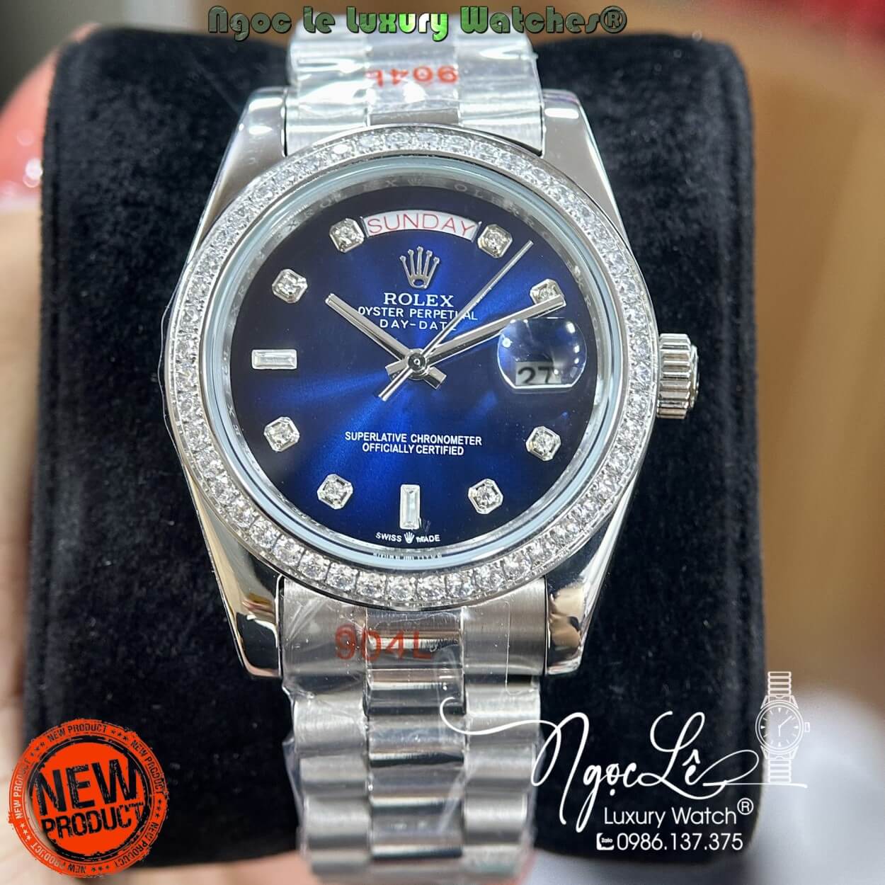 Đồng Hồ Rolex Day-Date Tự Động Dây Kim Loại Bạc Mặt Xanh Viền Đá Size 41mm