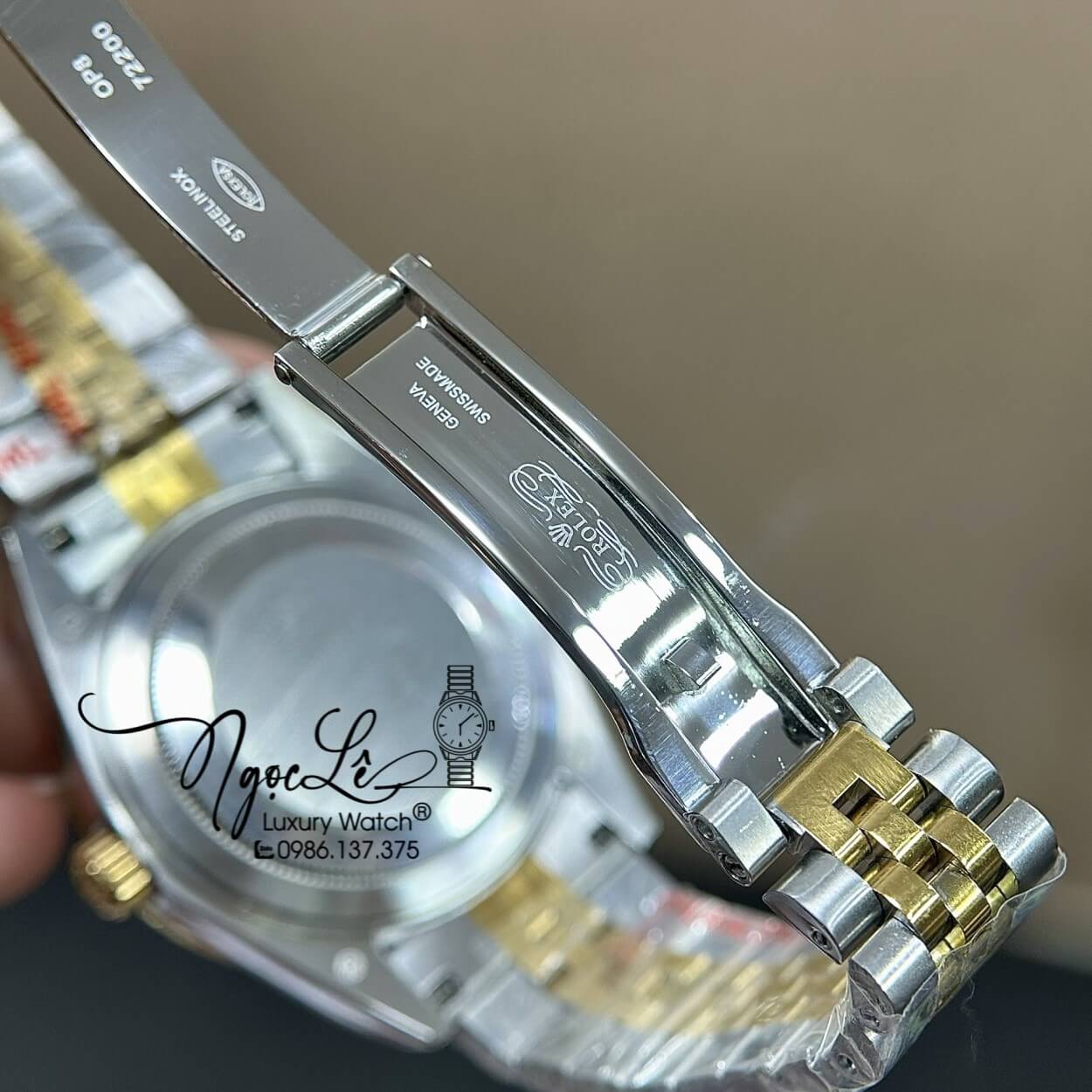Đồng Hồ Rolex Day-Date Tự Động Dây Kim Loại Demi Gold Mặt Xà Cừ Viền Đá Size 41mm