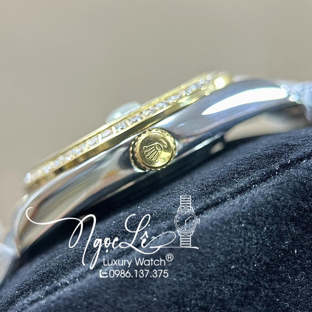Đồng Hồ Rolex Day-Date Tự Động Dây Kim Loại Demi Gold Mặt Xà Cừ Viền Đá Size 41mm
