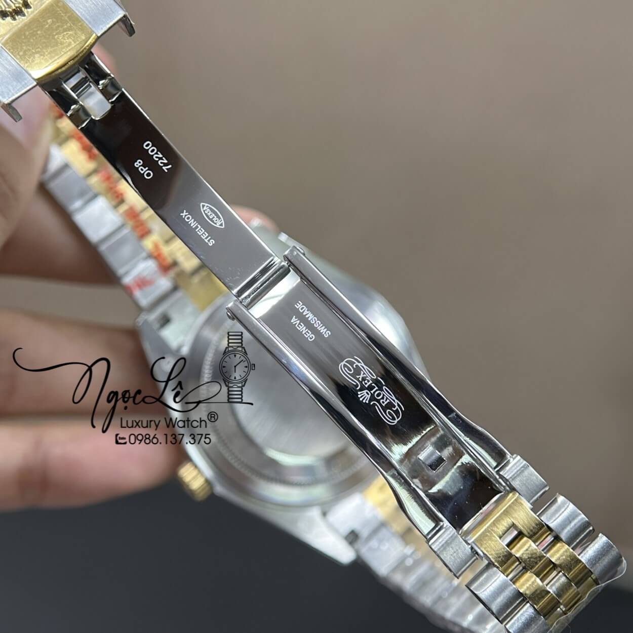 Đồng Hồ Rolex Day-Date Tự Động Dây Kim Loại Demi Gold Mặt Xà Cừ Viền Đá Size 41mm