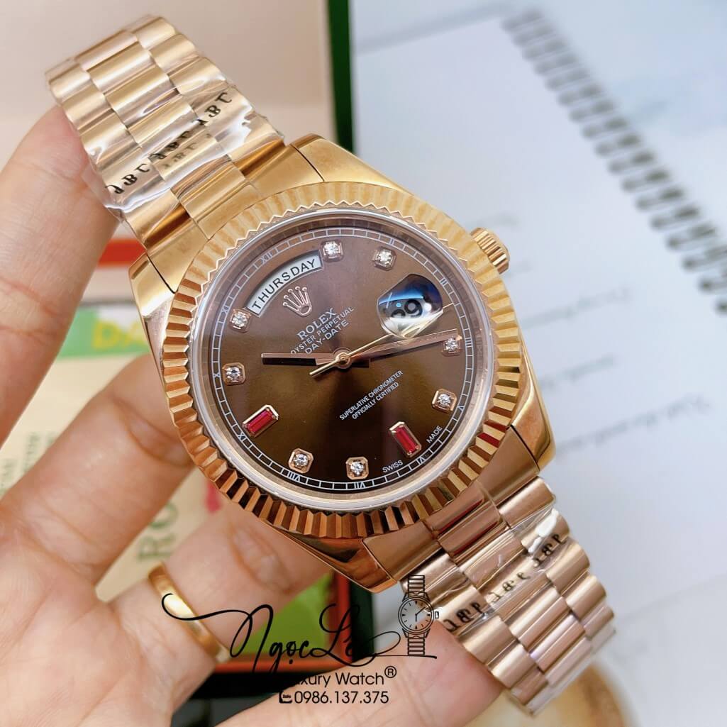 Đồng Hồ Rolex Day-Date Automatic Nam Dây Kim Loại Vàng Hồng Mặt Nâu 41mm