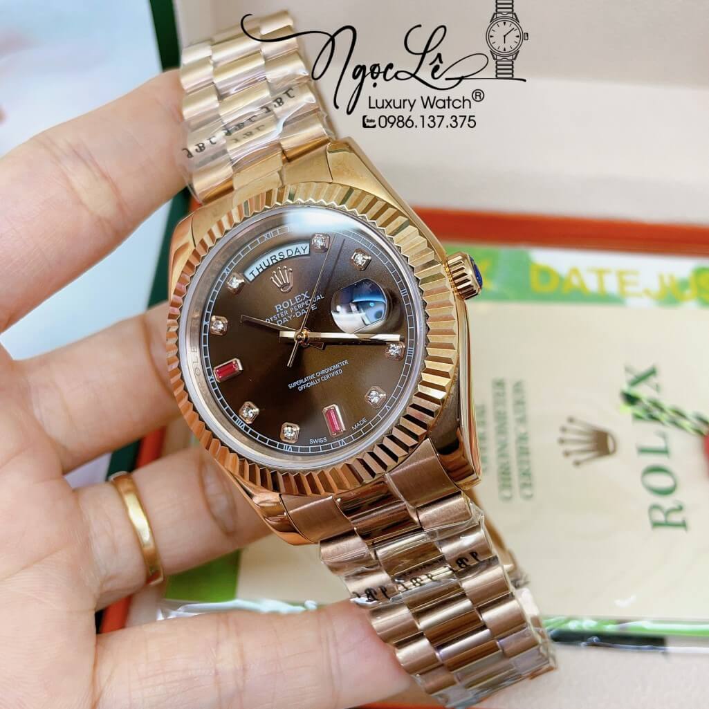 Đồng Hồ Rolex Day-Date Automatic Nam Dây Kim Loại Vàng Hồng Mặt Nâu 41mm