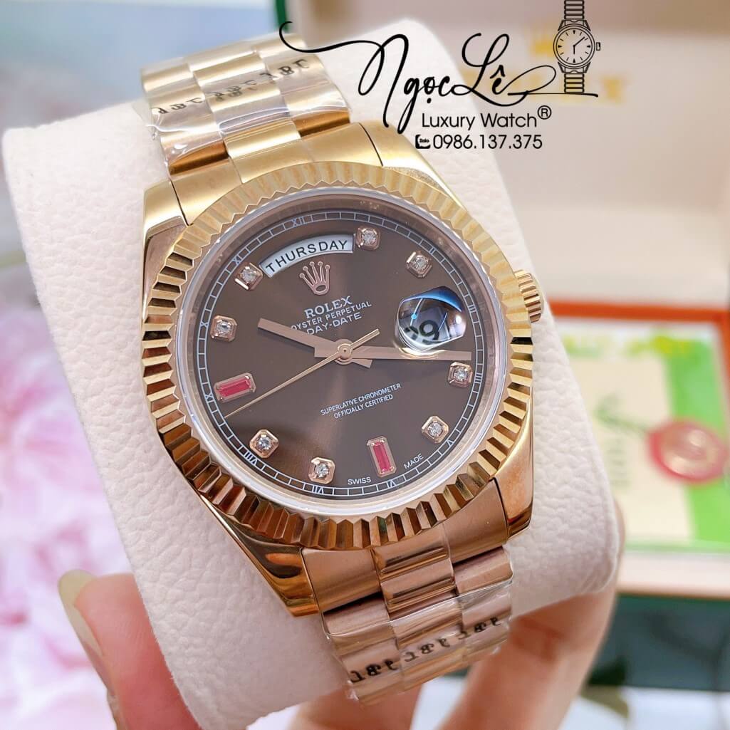 Đồng Hồ Rolex Day-Date Automatic Nam Dây Kim Loại Vàng Hồng Mặt Nâu 41mm