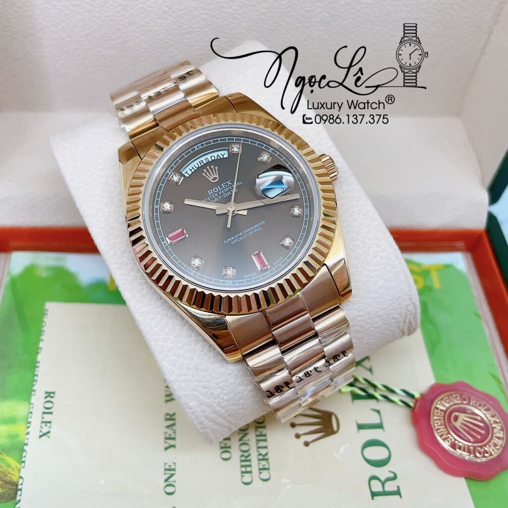 Đồng Hồ Rolex Day-Date Automatic Nam Dây Kim Loại Vàng Hồng Mặt Nâu 41mm