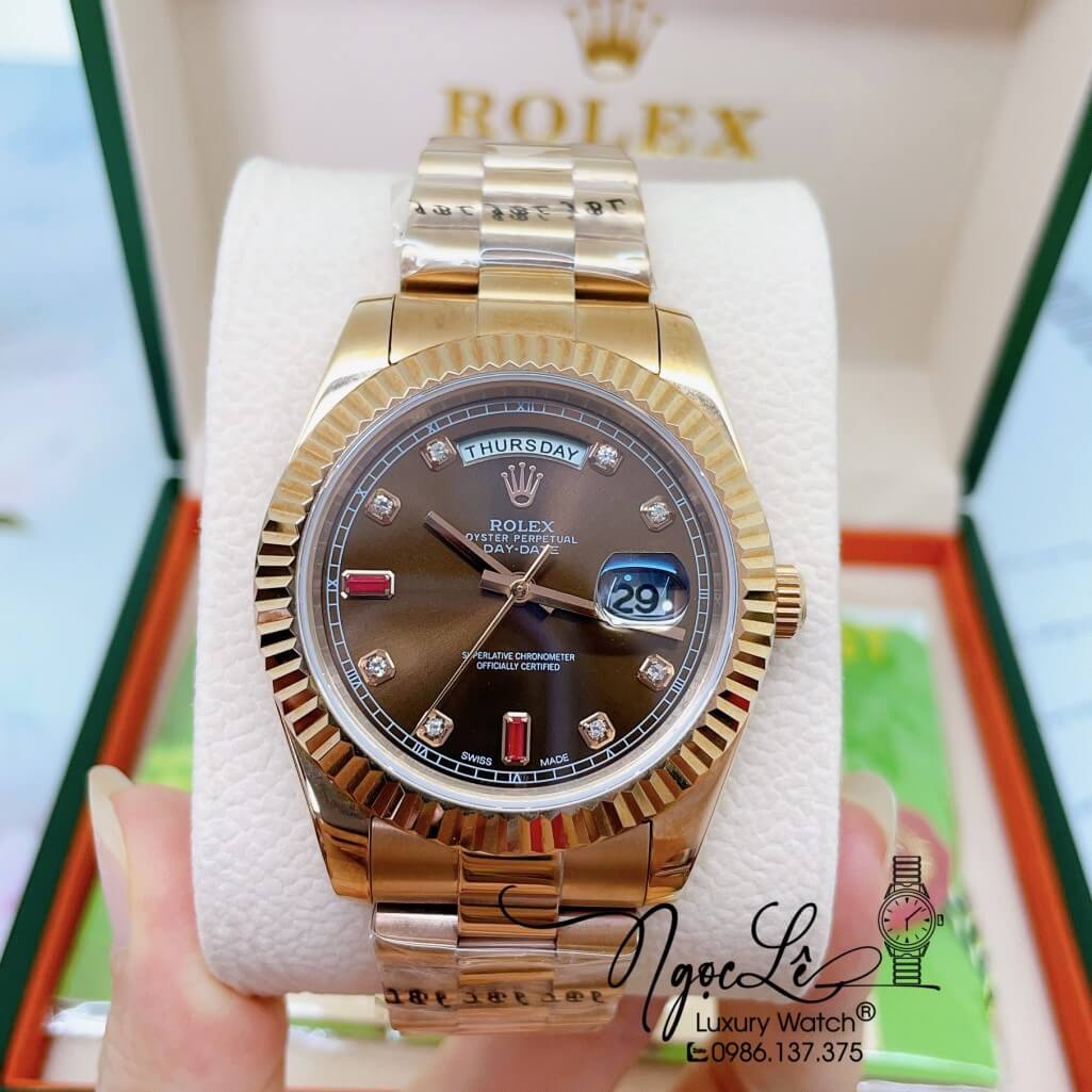 Đồng Hồ Rolex Day-Date Automatic Nam Dây Kim Loại Vàng Hồng Mặt Nâu 41mm