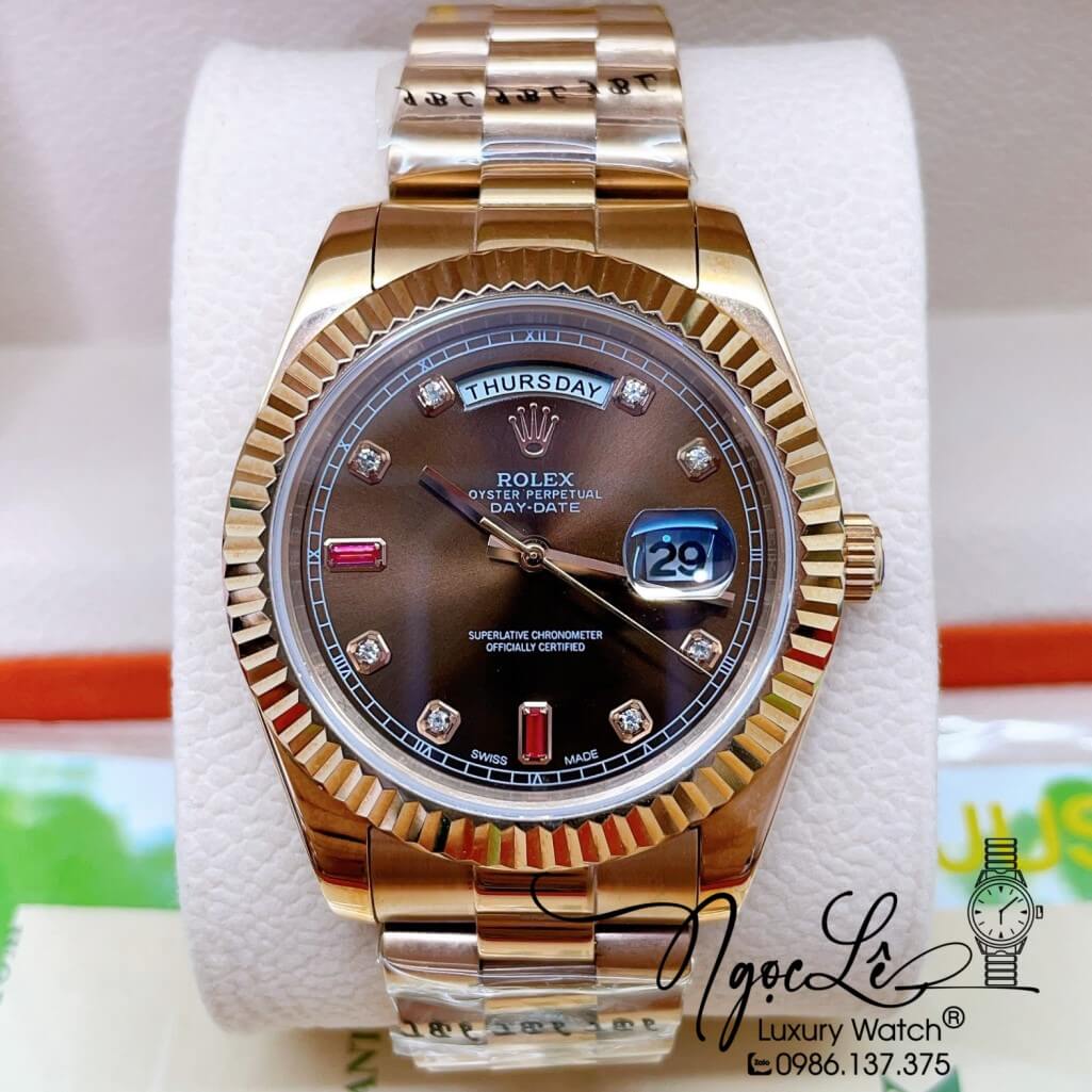 Đồng Hồ Rolex Day-Date Automatic Nam Dây Kim Loại Vàng Hồng Mặt Nâu 41mm