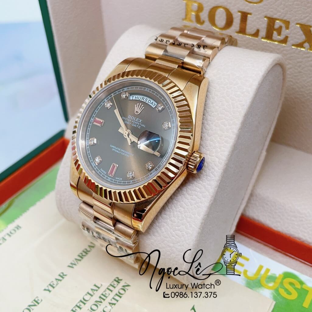 Đồng Hồ Rolex Day-Date Automatic Nam Dây Kim Loại Vàng Hồng Mặt Nâu 41mm