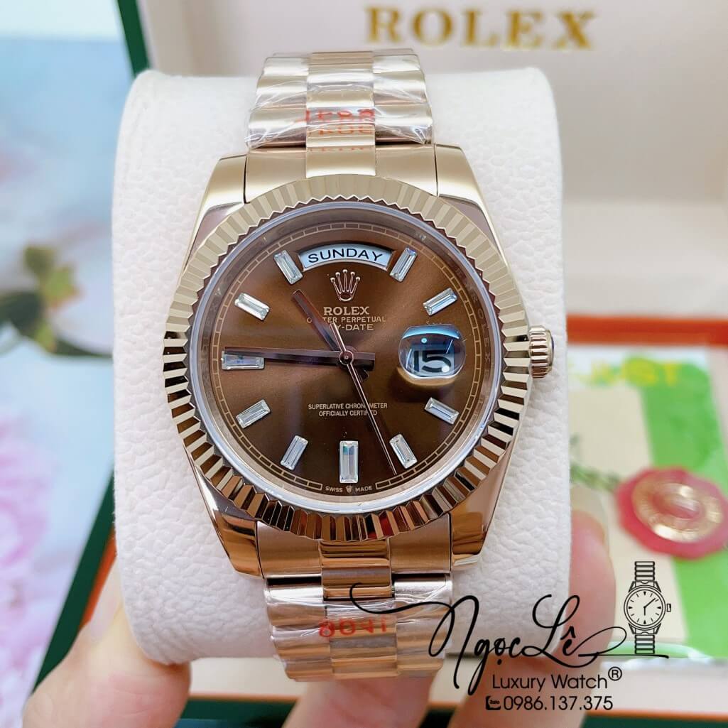 Đồng Hồ Rolex Day-Date Automatic Nam Dây Kim Loại Vàng Hồng Mặt Nâu 41mm