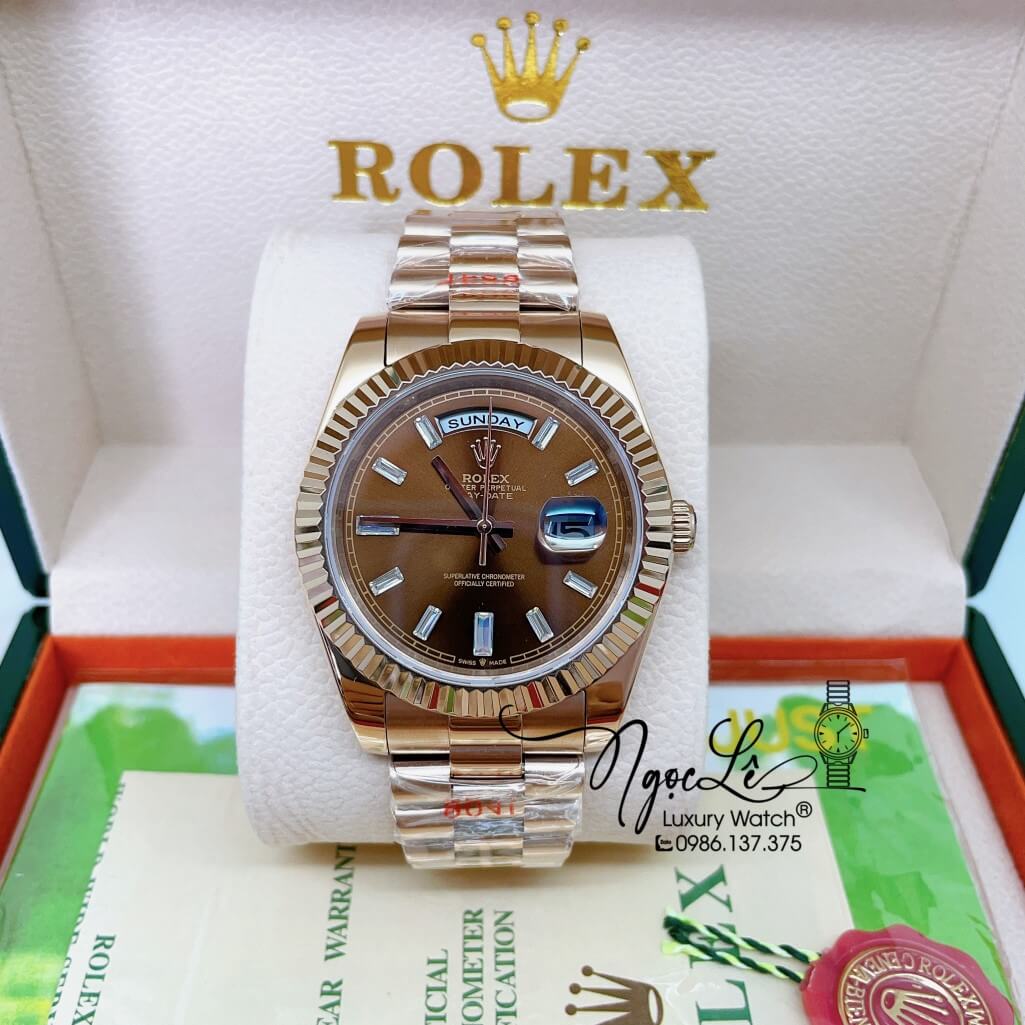 Đồng Hồ Rolex Day-Date Automatic Nam Dây Kim Loại Vàng Hồng Mặt Nâu 41mm