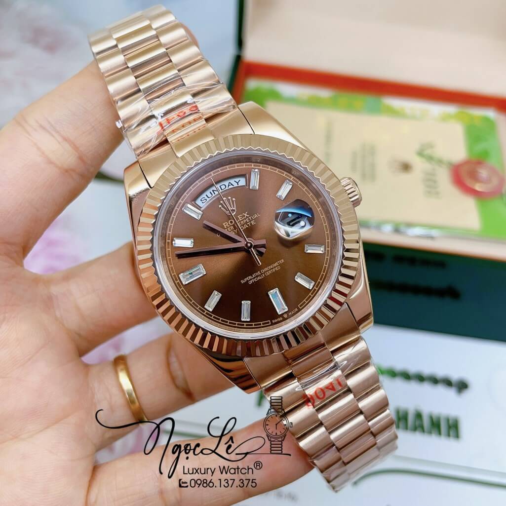 Đồng Hồ Rolex Day-Date Automatic Nam Dây Kim Loại Vàng Hồng Mặt Nâu 41mm