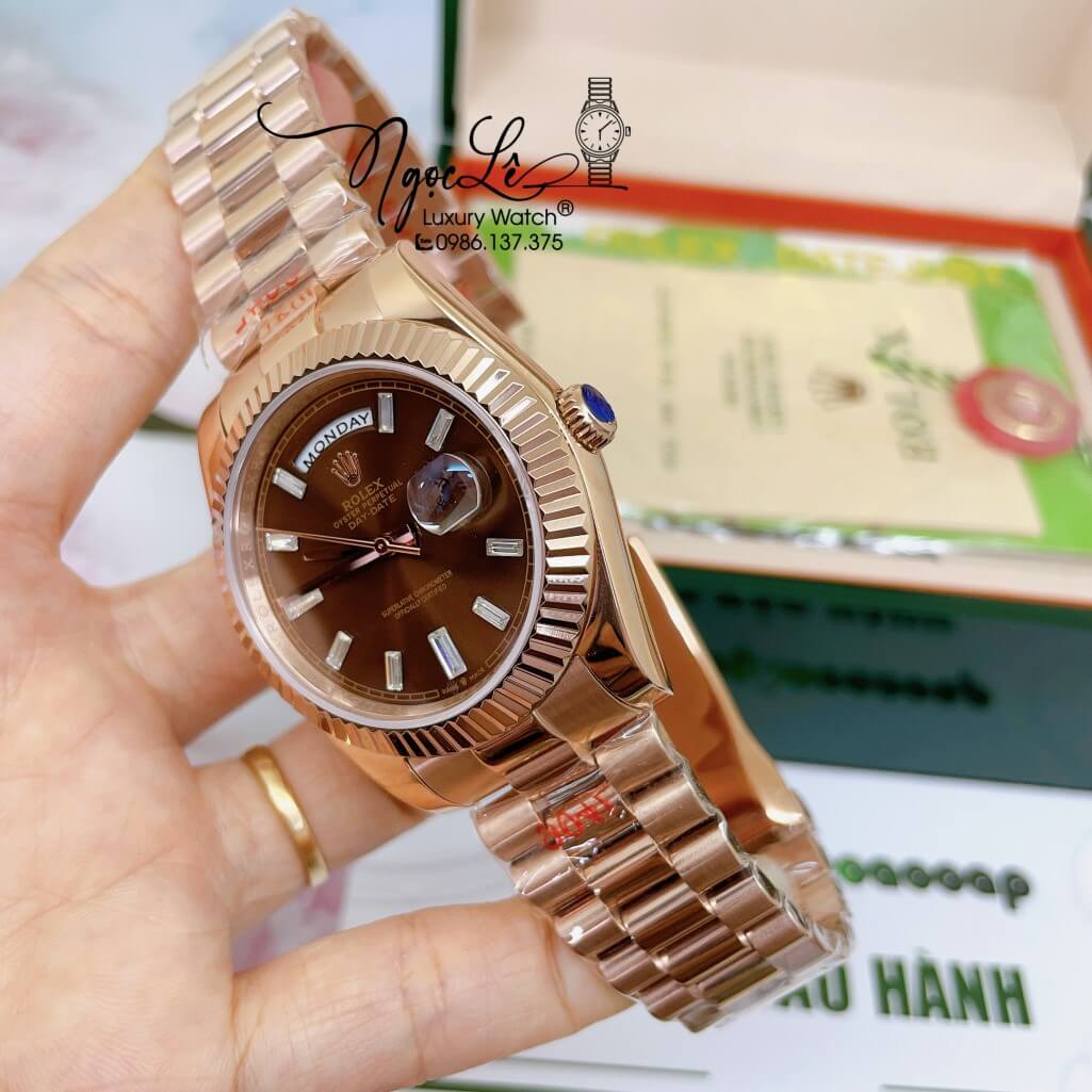 Đồng Hồ Rolex Day-Date Automatic Nam Dây Kim Loại Vàng Hồng Mặt Nâu 41mm