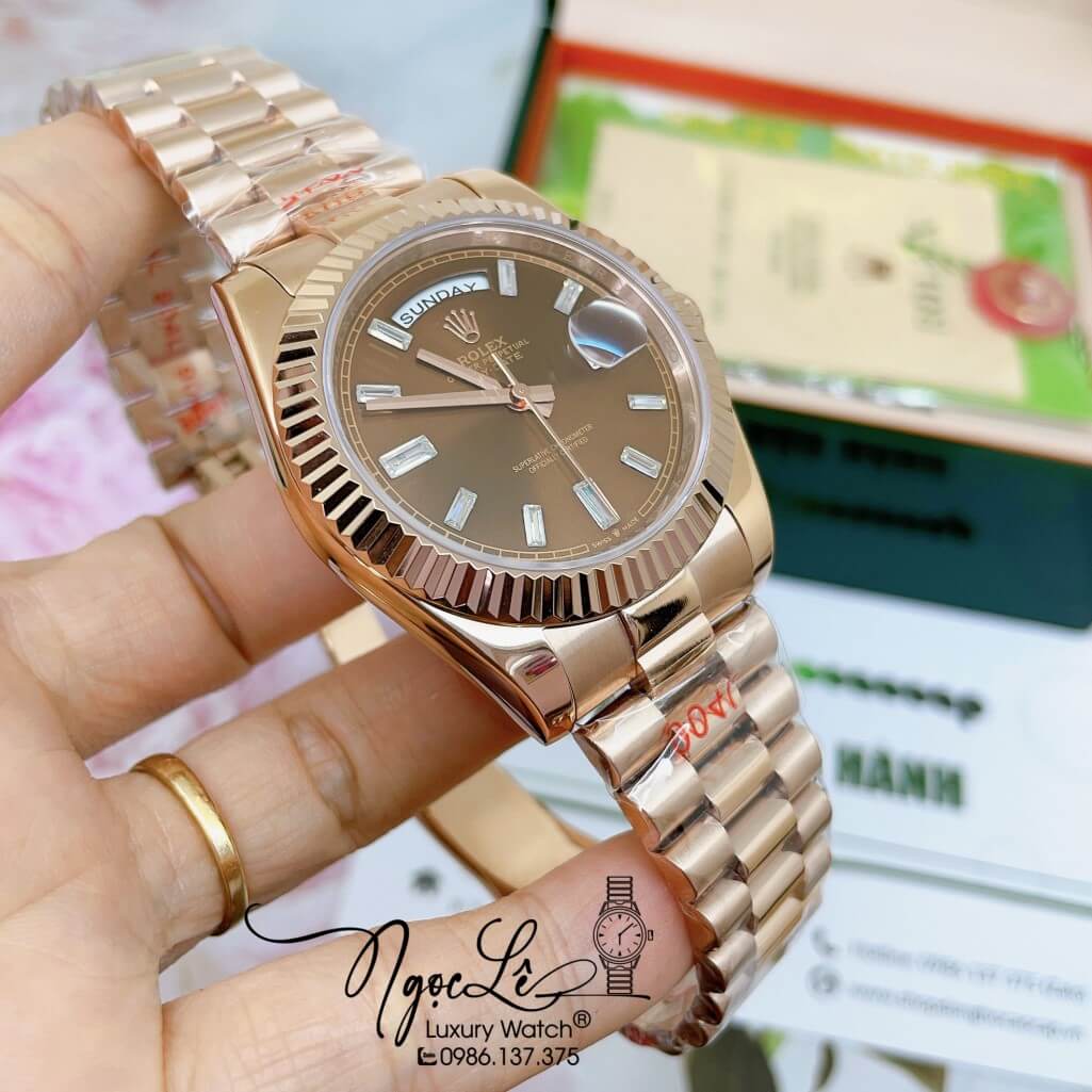 Đồng Hồ Rolex Day-Date Automatic Nam Dây Kim Loại Vàng Hồng Mặt Nâu 41mm