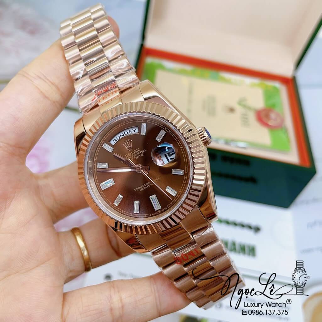 Đồng Hồ Rolex Day-Date Automatic Nam Dây Kim Loại Vàng Hồng Mặt Nâu 41mm