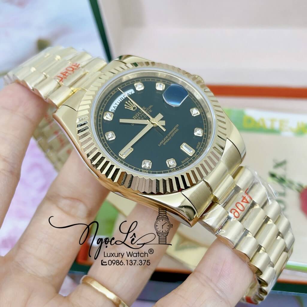 Đồng Hồ Rolex Day-Date Automatic Dây Kim Loại Vàng Mặt Đen 41mm