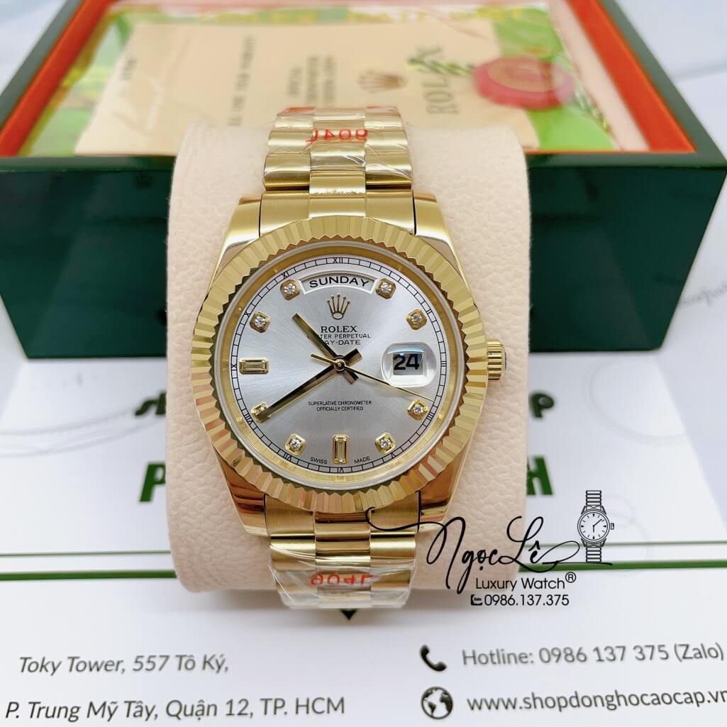 Đồng Hồ Rolex Day-Date Automatic Nam Dây Kim Loại Vàng Mặt Trắng 41mm
