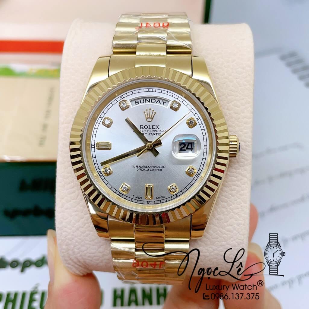 Đồng Hồ Rolex Day-Date Automatic Nam Dây Kim Loại Vàng Mặt Trắng 41mm