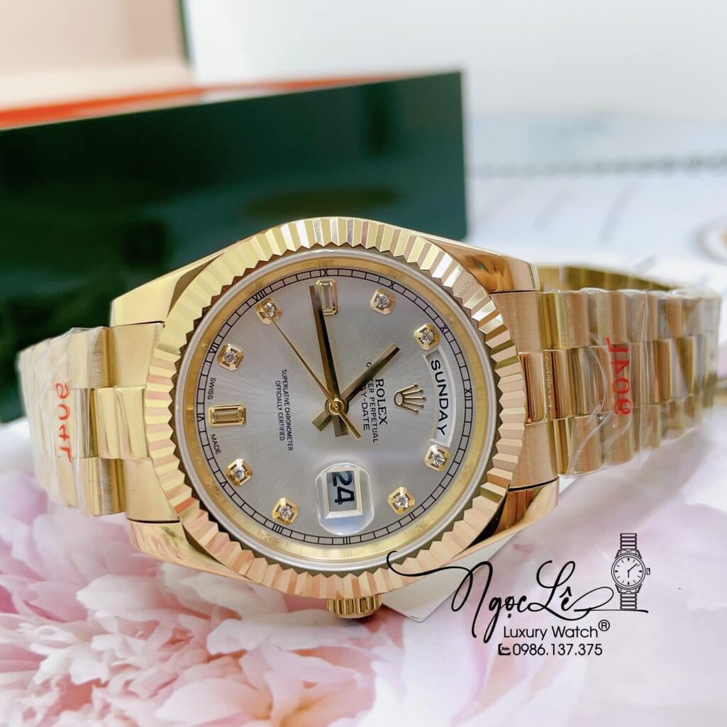Đồng Hồ Rolex Day-Date Automatic Nam Dây Kim Loại Vàng Mặt Trắng 41mm