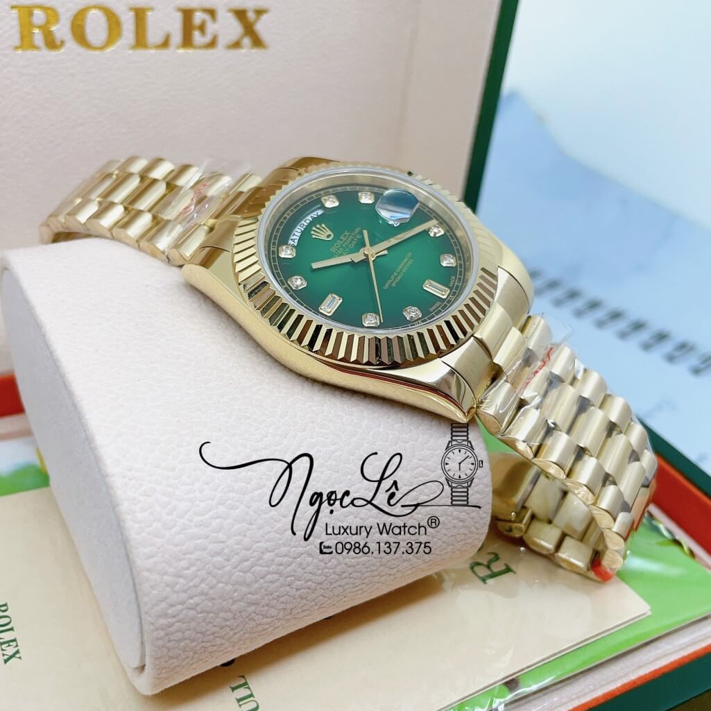 Đồng Hồ Rolex Day-Date Automatic Dây Kim Loại Vàng Mặt Ombre Xanh 41mm