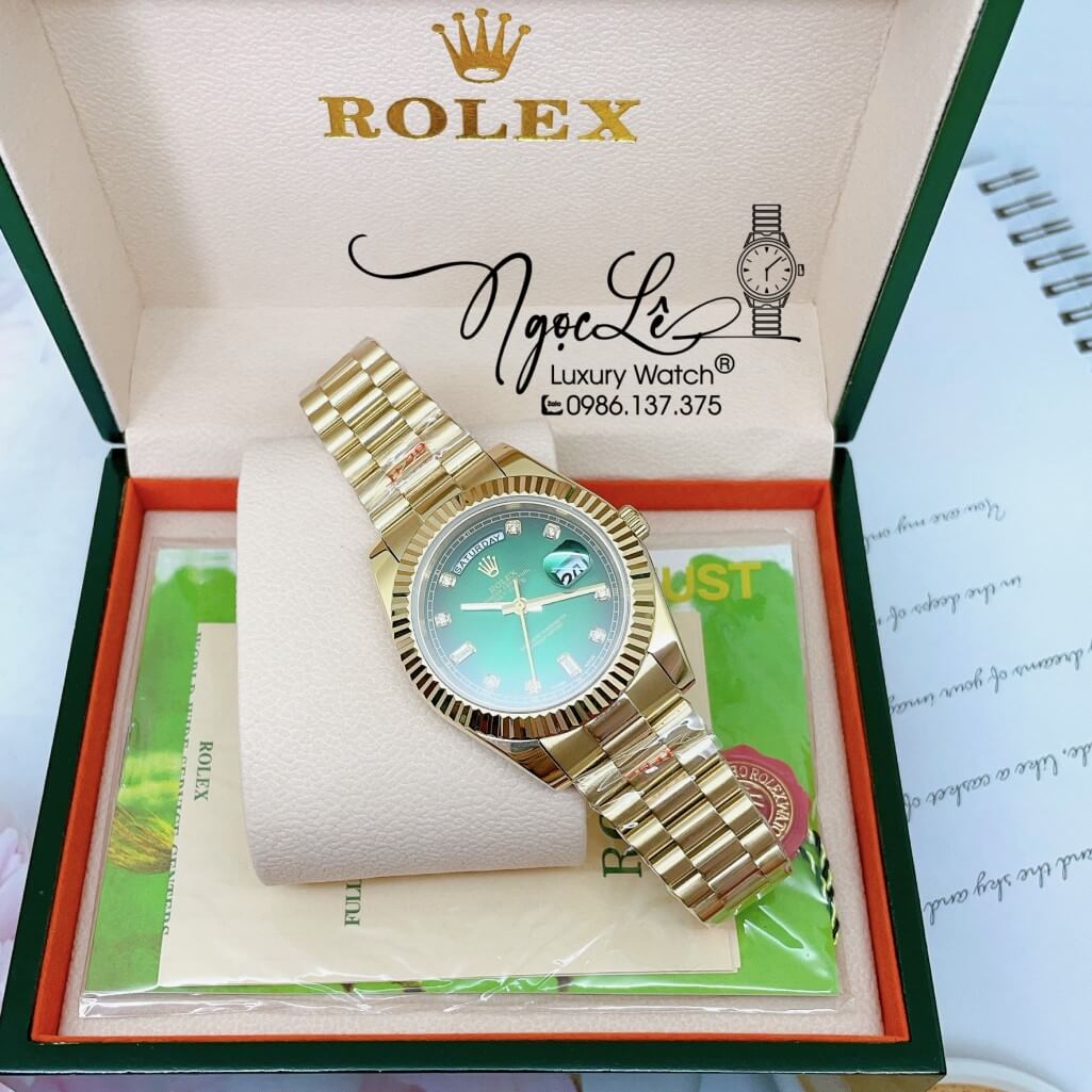 Đồng Hồ Rolex Day-Date Automatic Dây Kim Loại Vàng Mặt Ombre Xanh 41mm