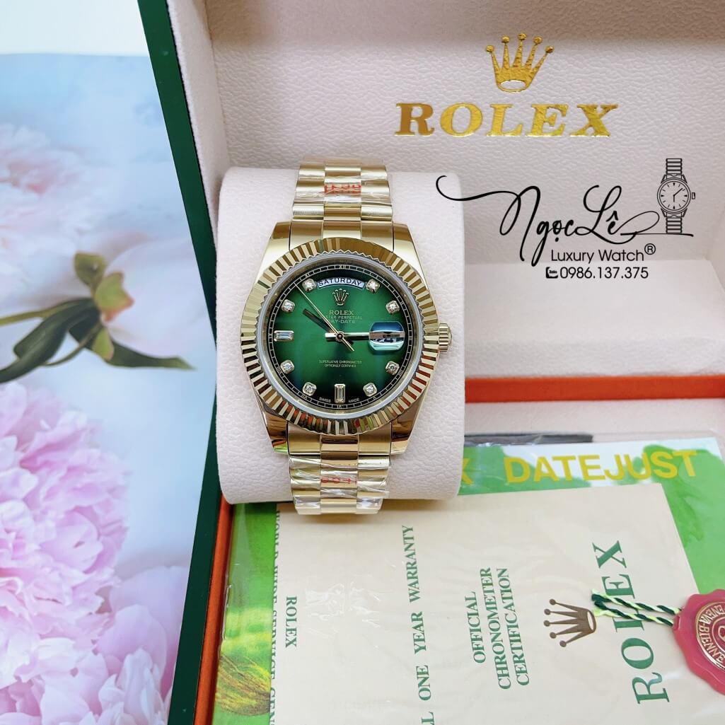 Đồng Hồ Rolex Day-Date Automatic Dây Kim Loại Vàng Mặt Ombre Xanh 41mm