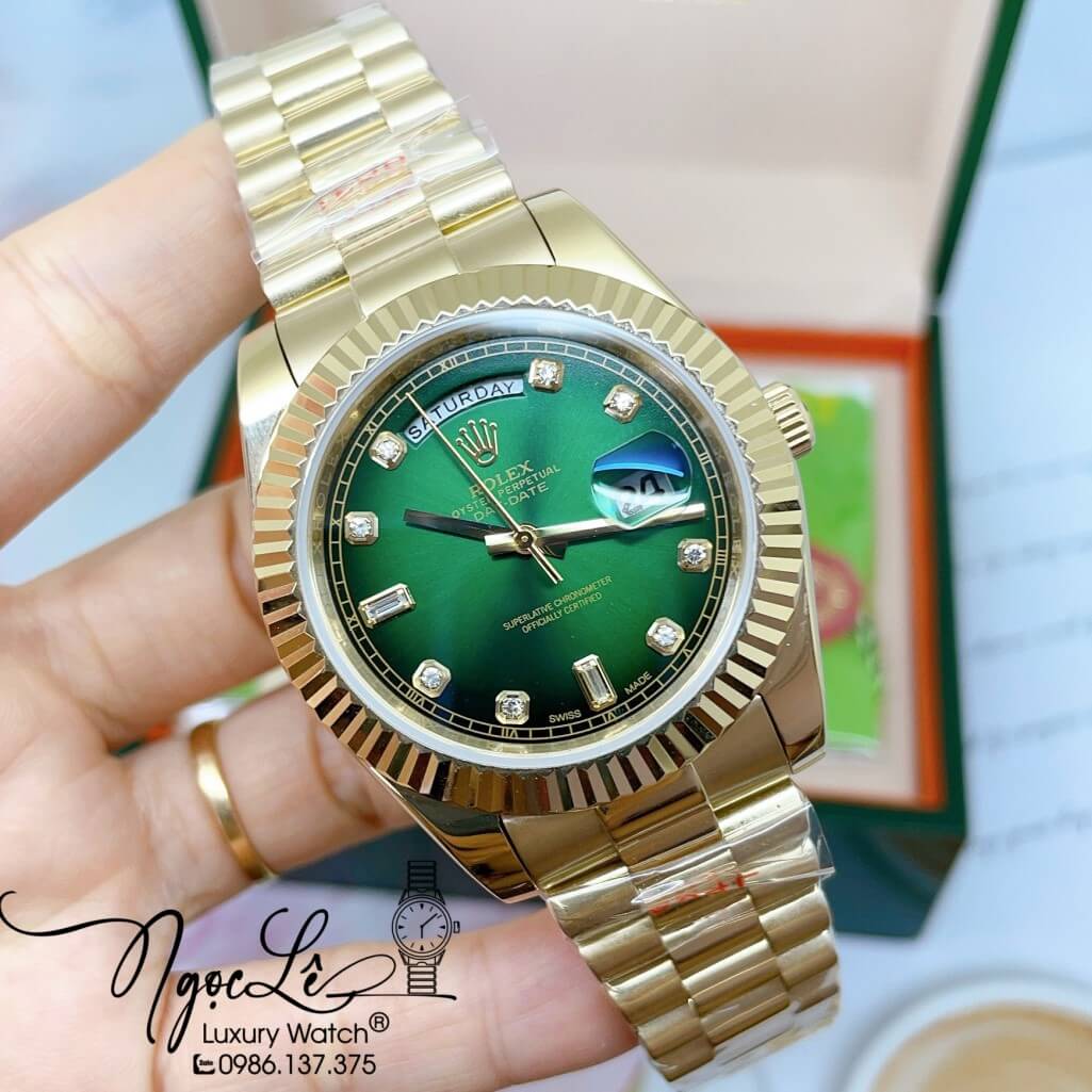 Đồng Hồ Rolex Day-Date Automatic Dây Kim Loại Vàng Mặt Ombre Xanh 41mm