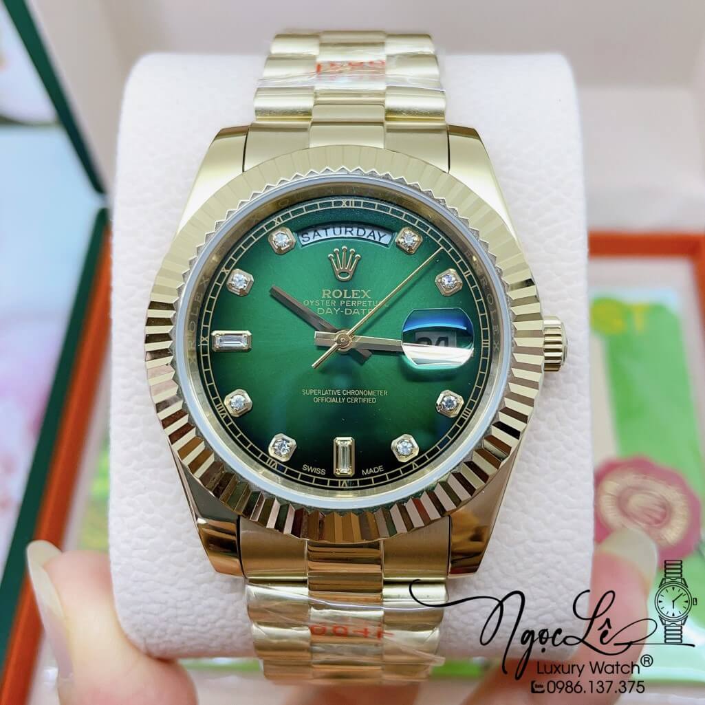 Đồng Hồ Rolex Day-Date Automatic Dây Kim Loại Vàng Mặt Ombre Xanh 41mm