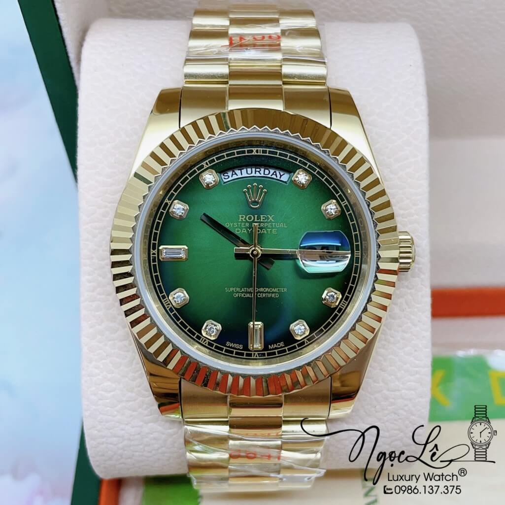 Đồng Hồ Rolex Day-Date Automatic Dây Kim Loại Vàng Mặt Ombre Xanh 41mm